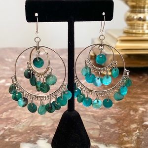 Bohemian Green Silver Tone Seashell Hoop Earrings
